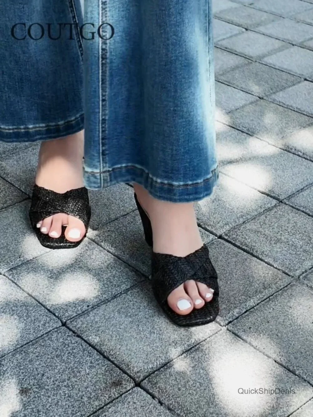 Wedge Sandals Espadrilles Square Open Toe Slip On High Heels Slides Summer